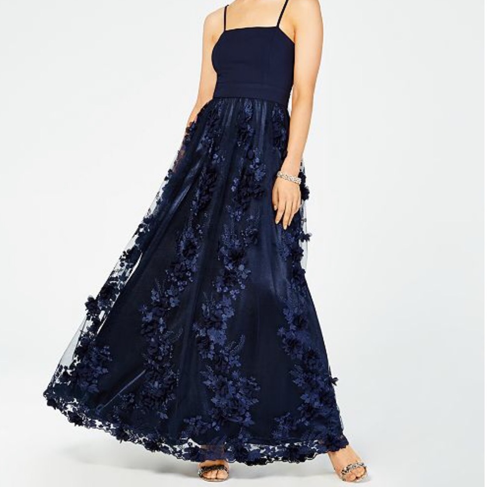 Trixxi Navy Floral Appliqué Prom Dress